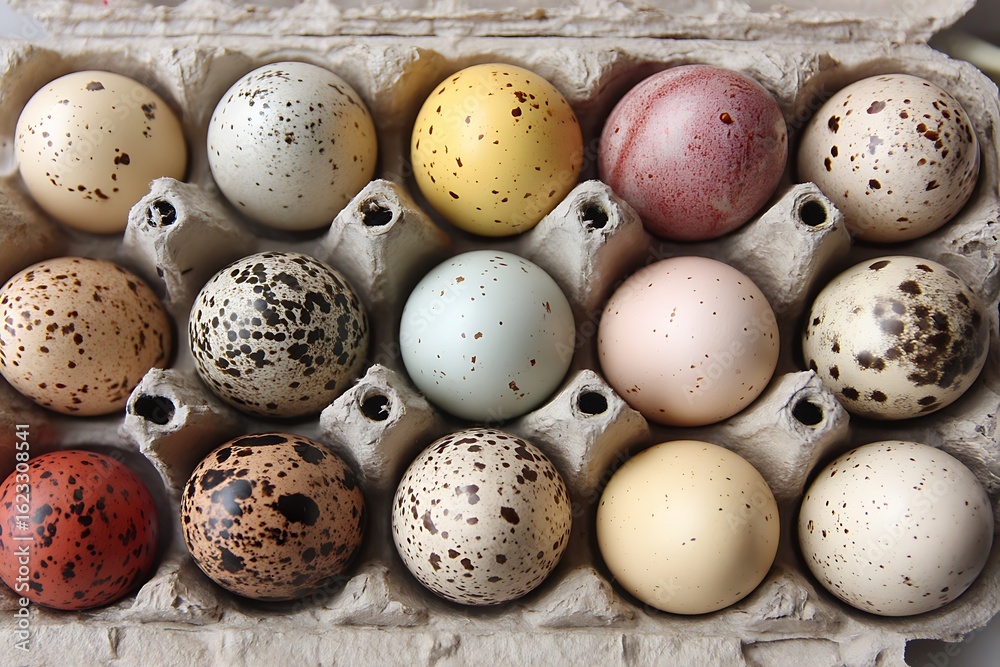 Obraz premium organic speckled and white eggs neatly arranged 