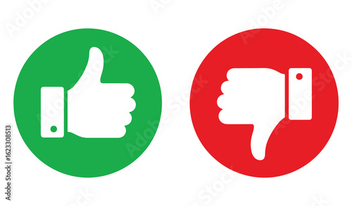 Thumb Up and Thumb Down Icons – Green Like and Red Dislike Vector Symbols for Feedback, Reviews, and Approval Responses