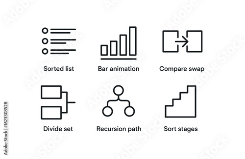 simple outline stroke icon items data sorting algorithm (visuals): sorted list bar animation compare swap divide set recursion path sort stages monoline icons style isolated on white