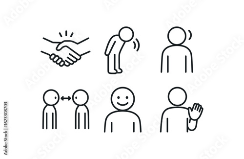 simple outline stroke icon items social etiquette (gestures): handshake bow nod eye contact smile polite wave monoline icons style isolated on white background