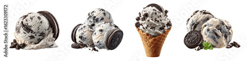 Set of cookies and cream ice cream isolated on transparent background.