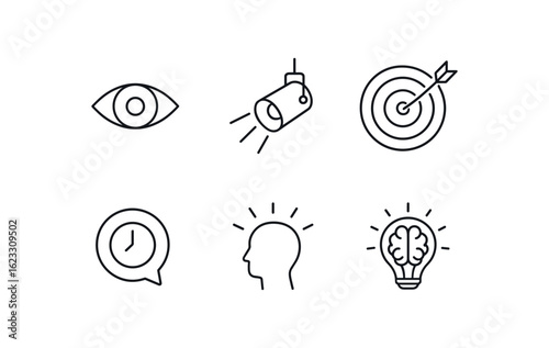 simple outline stroke icon items conscious attention (symbols): eye icon spotlight arrow on time bubble awareness glow brainlight monoline icons style isolated on white background