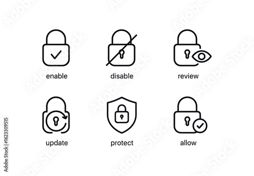 simple outline stroke icon items privacy settings (actions): enable disable review update re simple outline stroke icon itemsict allow monoline icons style isolated on white background