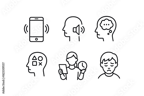 simple outline stroke icon items conscious attention (di simple outline stroke icon itemsactions): phone buzz noise internal thought visual clutter multitask fatigue monoline icons style