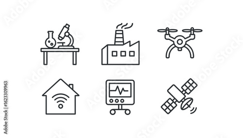 simple outline stroke icon items sensor calibration (environments): lab bench factory drone smart home medical device satellite monoline icons style isolated on white background