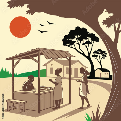 Serene Rural Market Scene: Two Women at Simple Stall, Sepia Tones, Peaceful Atmosphere, African Village Setting.