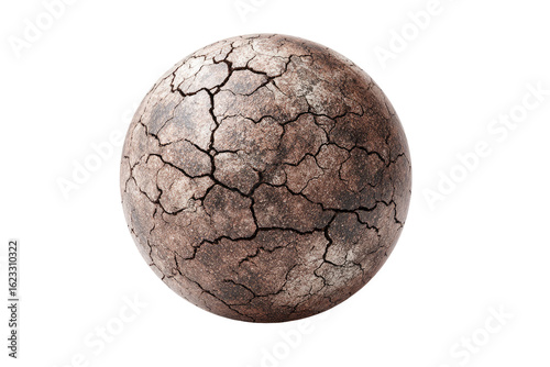 A sphere,  earth-like, with deep,  extensive cracks.  Its muted,  dusty  brown tones show aridity