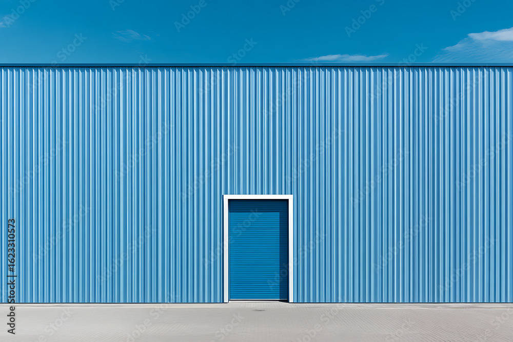 Fototapeta premium Blue metal facade with a centered door. Minimalist building exterior with clean lines against a clear blue sky. Simple architectural design.