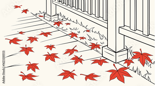 Autumn leaves scattered on a white wooden bench and fence
