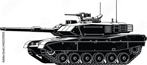 Detailed military tank silhouette in side view with long barrel, antennas, and visible armor plating, ideal for defense vector themes