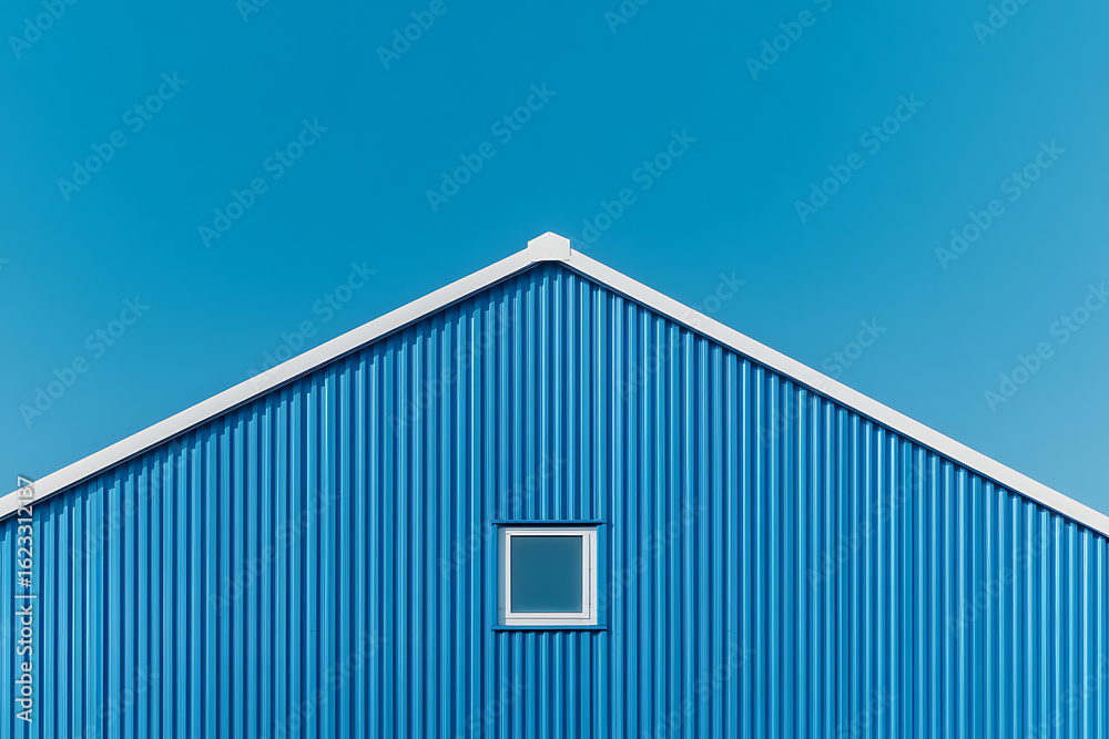 Fototapeta premium Simple architectural image showcasing a blue building with a single window against a clear sky. Minimalist design, bright colors, and strong lines define the scene.
