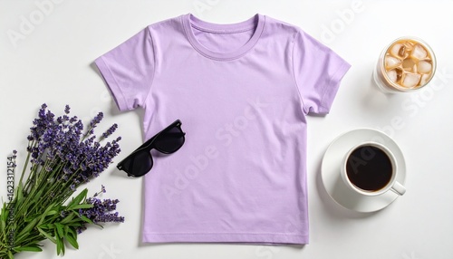 Casual purple t-shirt flat lay mockup for custom design presentation with coffee and summer accessories on a white table.
