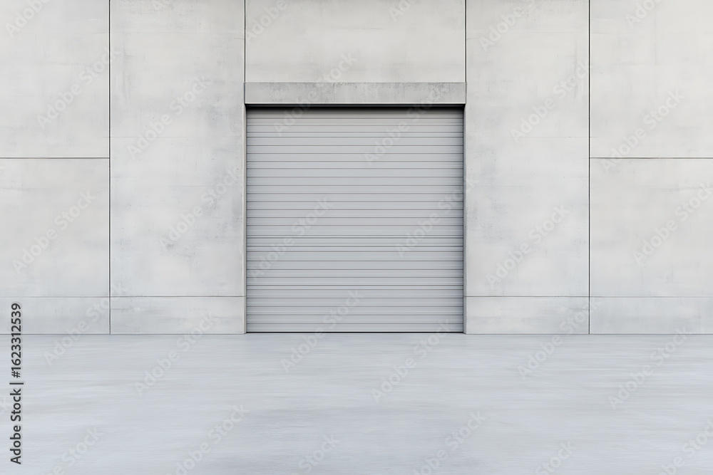 Obraz premium Gray roll-up door in a modern concrete building, providing a clean and minimalist industrial aesthetic. Architectural detail.