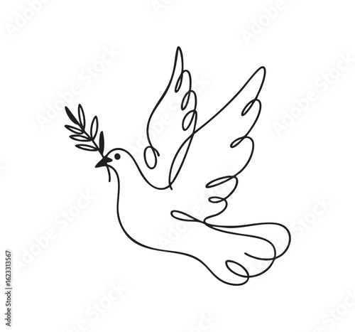 Single line drawing of a dove holding an olive branch in its beak bird peace