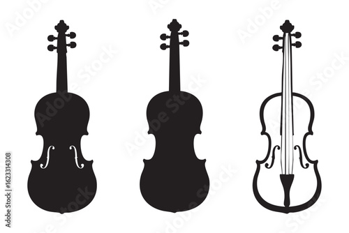 Three black and white violin silhouettes and outline viola cello