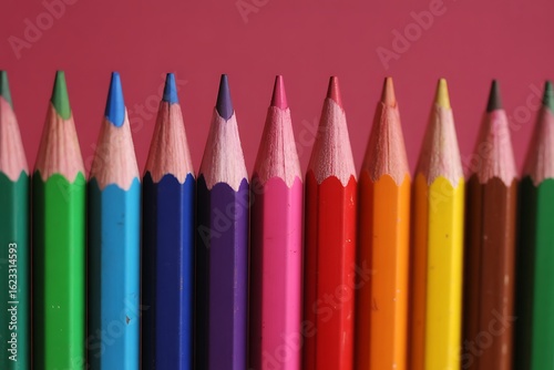 Vibrant row of colorful pencils inspires creativity and learning, perfect for school projects or artistic endeavors on pink backdrop
