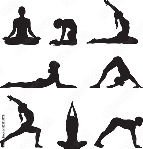 Black silhouettes of people practicing yoga poses exercise