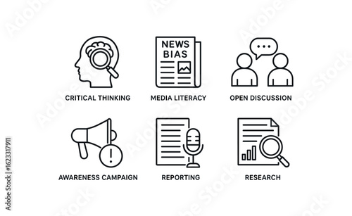 simple outline stroke icon items media bias (responses): critical thinking media literacy open discussion awareness campaign reporting research monoline icons style isolated on white