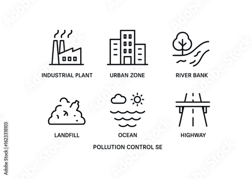 simple outline stroke icon items pollution control (areas): indu simple outline stroke icon itemsial plant urban zone river bank landfill ocean highway monoline icons style isolated on