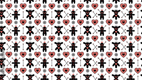 Seamless voodoo doll pattern with red hearts and crossed pins in magical style
