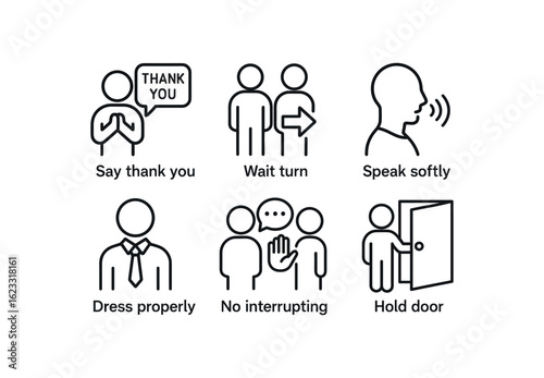 simple outline stroke icon items social etiquette (rules): say thank you wait turn speak softly dress properly no interrupting hold door monoline icons style isolated on white background