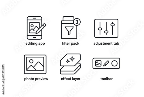 simple outline stroke icon items digital photo filter (tools): editing app filter pack adjustment tab photo preview effect layer toolbar monoline icons style isolated on white background