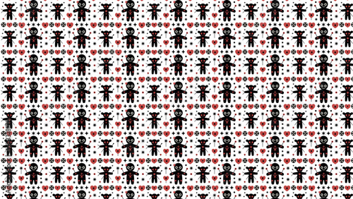 Cute voodoo doll seamless pattern with hearts and pins in black and red style
