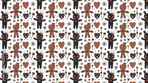 Seamless voodoo doll pattern with hearts pins and mystical love symbols

