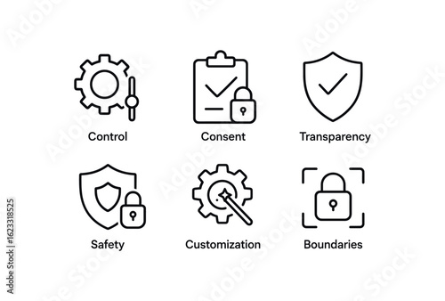 simple outline stroke icon items privacy settings (concepts): control consent transparency safety customization boundaries monoline icons style isolated on white background