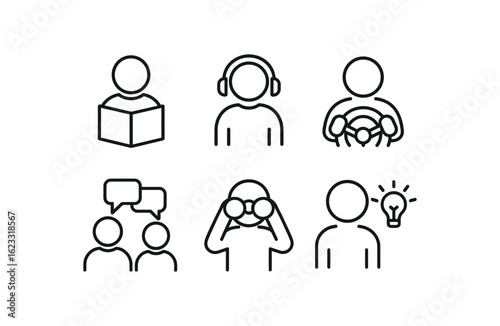 simple outline stroke icon items conscious attention (examples): reading listening driving conversation observation learning monoline icons style isolated on white background