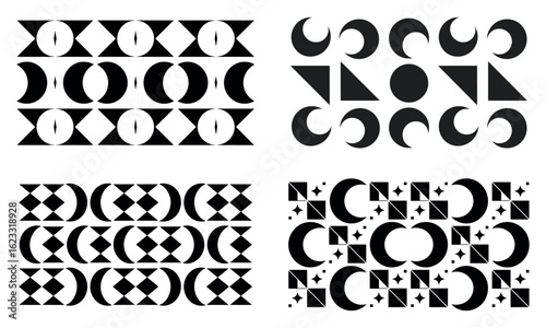 Geometric moon phases and abstract shapes in black minimalist design
