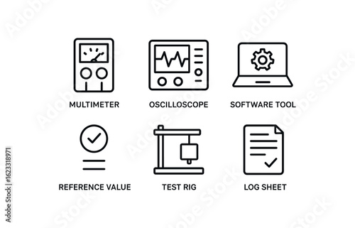 simple outline stroke icon items sensor calibration (tools): multimeter oscilloscope software tool reference value test rig log sheet monoline icons style isolated on white background