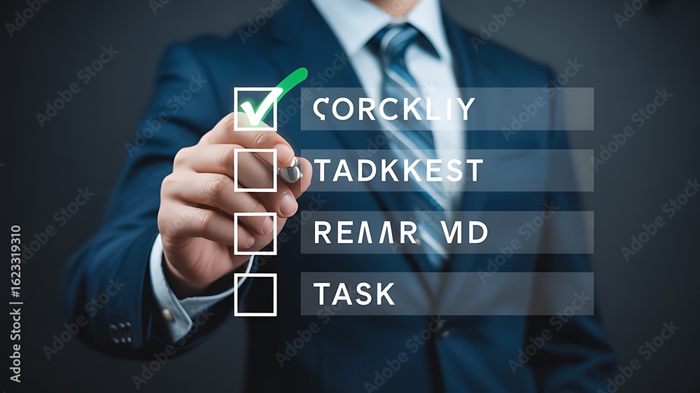 Obraz premium A man in a suit checking off a box on a checklist with a green checkmark in front of a dark background