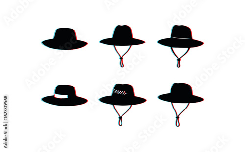 six different glitch effect illustration isolated on white backgorund straw hat wide brim straw hat chin strap straw hat sweatband straw hat decorative band straw hat ventilation weave