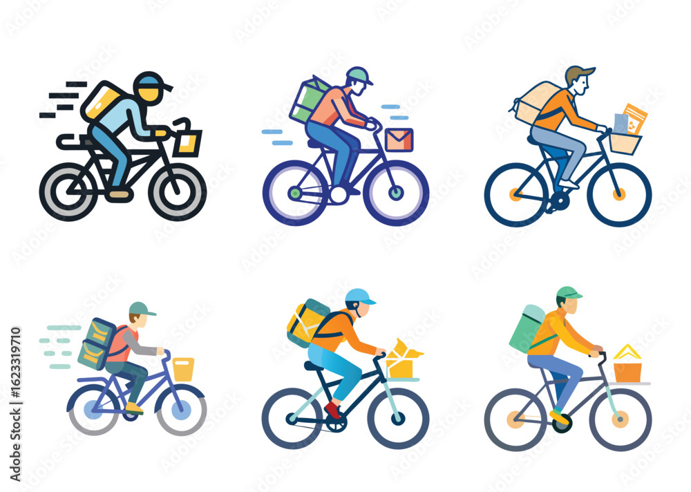 Fototapeta premium Variety of Delivery People on Bicycles with Backpacks and Front Baskets