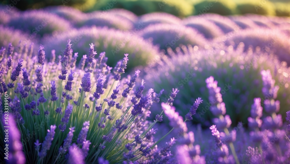 Obraz premium Lavender field in full bloom with purple flowers and greenery, scenic landscape, vibrant colors, and sunny weather.