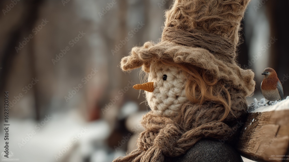 Obraz premium cute snowman smiling sitting at wooden bench in winter snow cover season