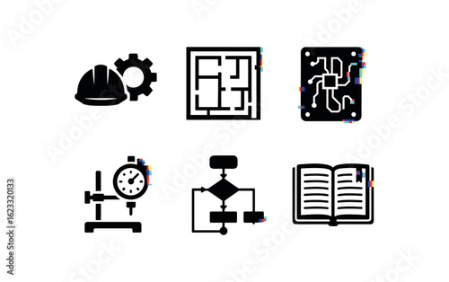 six different glitch effect illustration isolated on white backgorund engineer gear train model engineer schematic diagram engineer PCB prototype engineer calibration jig engineer flowchart