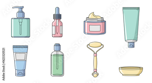 Collection of cosmetic skincare products in pastel colors and style  