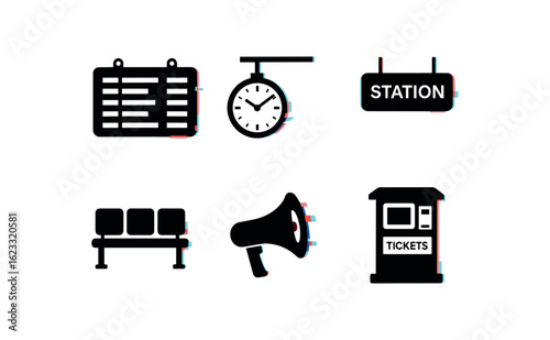 six different glitch effect illustration isolated on white backgorund train station timetable board train station station clock train station platform sign train station bench train station