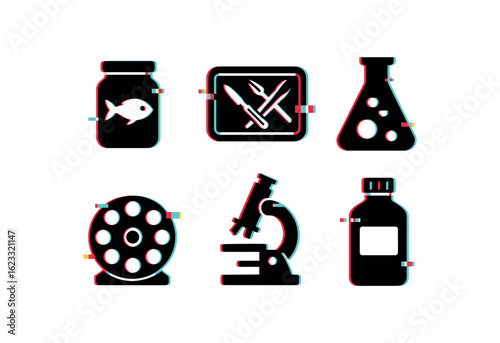 six different glitch effect illustration isolated on white backgorund biologist specimen jar biologist dissection tray biologist culture flask biologist centrifuge rotor biologist