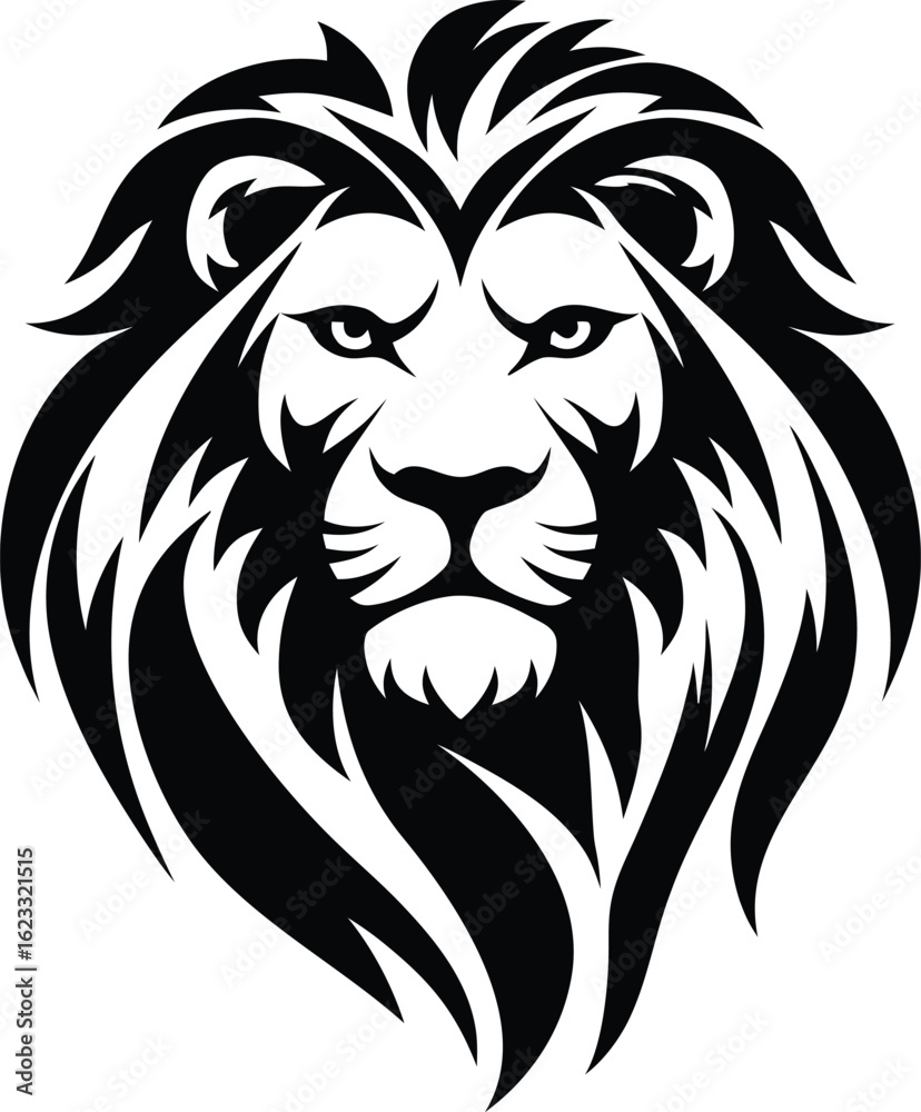 Fototapeta premium Stylized lion head silhouette with bold features and flowing mane for tattoo logo and emblem design