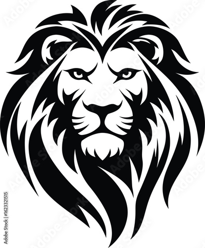 Stylized lion head silhouette with bold features and flowing mane for tattoo logo and emblem design
