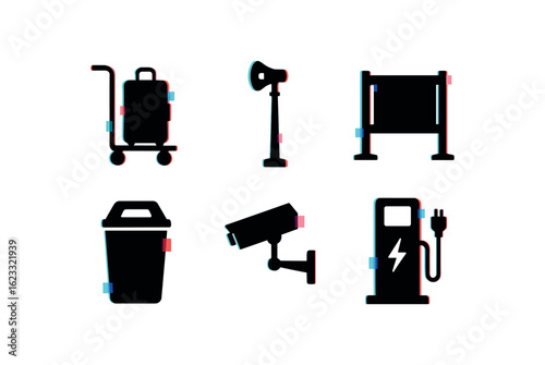 six different glitch effect illustration isolated on white backgorund bus terminal luggage cart bus terminal public address system bus terminal platform divider bus terminal waste bin bus