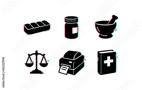 six different glitch effect illustration isolated on white backgorund pharmacy pill organizer pharmacy prescription bottle pharmacy mortar pestle pharmacy dispensing scale pharmacy label