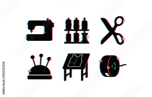 six different glitch effect illustration isolated on white backgorund seamstress sewing machine seamstress thread spool rack seamstress fabric scissors seamstress pin cushion seamstress
