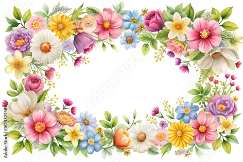 Watercolor floral frame with colorful flowers and green leaves, isolated on transparent background, perfect for wedding invitations and cards