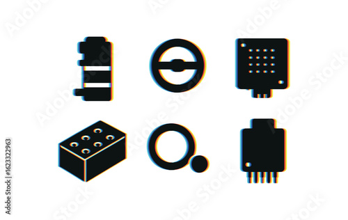 six different glitch effect illustration isolated on white backgorund microfluidic valve actuator unit microfluidic valve membrane seal microfluidic valve controller chip microfluidic valve