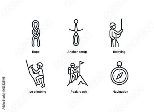 simple outline stroke icon items mountaineering (actions): rope knot anchor setup belaying ice climbing peak reach navigation monoline icons style isolated on white background