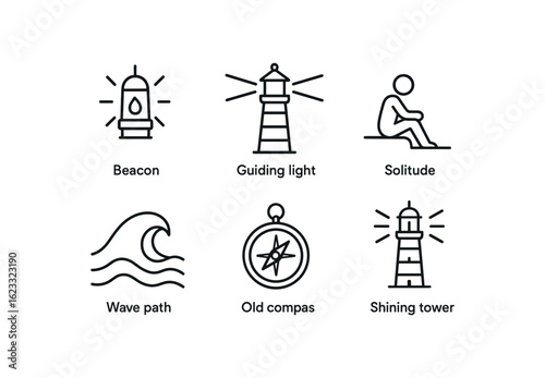 simple outline stroke icon items lighthouse keeper (symbols): beacon icon guiding light solitude wave path old compass shining tower monoline icons style isolated on white background